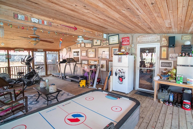 game room with wood-type flooring, lofted ceiling, wood ceiling, and ceiling fan