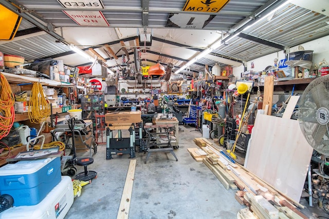 garage featuring a workshop area