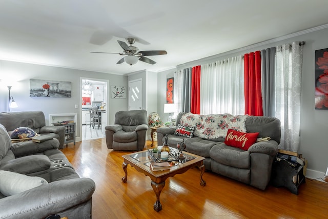 living room featuring ceiling fan, crown molding, and wood-type flooring