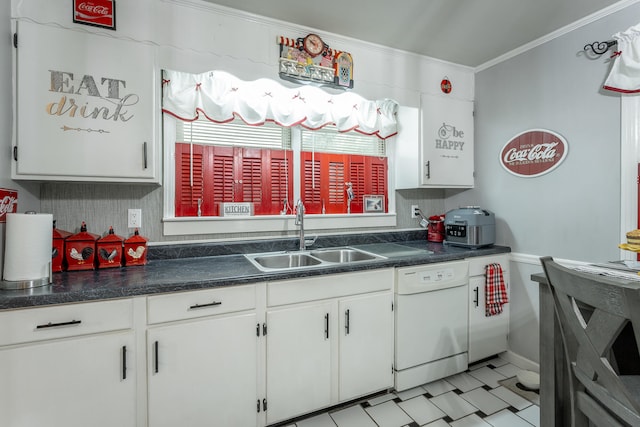 kitchen featuring crown molding, dishwasher, sink, and white cabinets