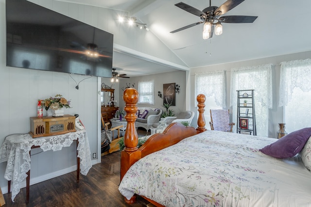 bedroom with dark wood-type flooring, ceiling fan, and vaulted ceiling with beams