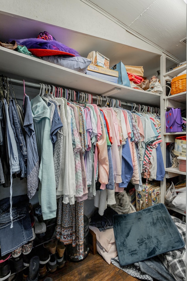 walk in closet with hardwood / wood-style floors