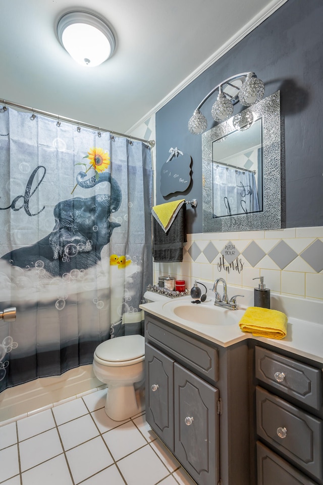 full bathroom with tile patterned floors, vanity, toilet, and backsplash