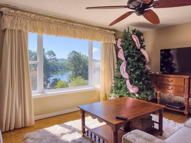 living room with a textured ceiling, hardwood / wood-style flooring, and ceiling fan