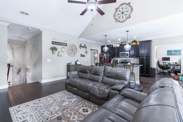 living room featuring lofted ceiling, ceiling fan, dark hardwood / wood-style flooring, and crown molding