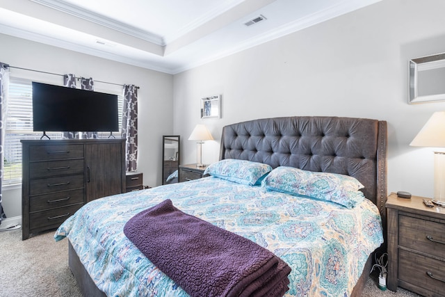 bedroom featuring crown molding and light carpet