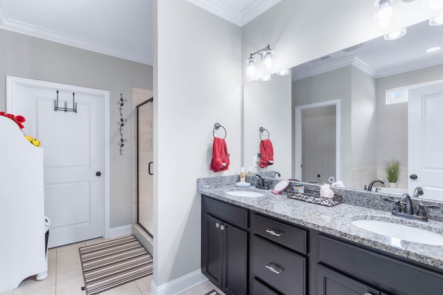 bathroom featuring crown molding, vanity, independent shower and bath, and tile patterned floors