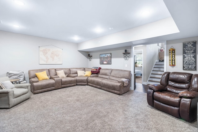 living room featuring light carpet