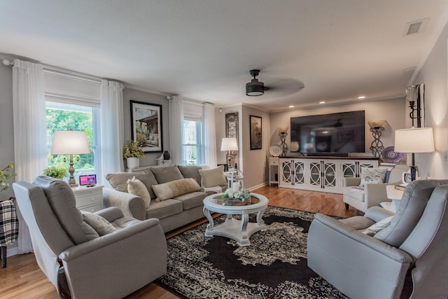 living room with hardwood / wood-style floors and ceiling fan