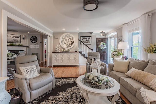 living room featuring light wood-type flooring, crown molding, and a fireplace