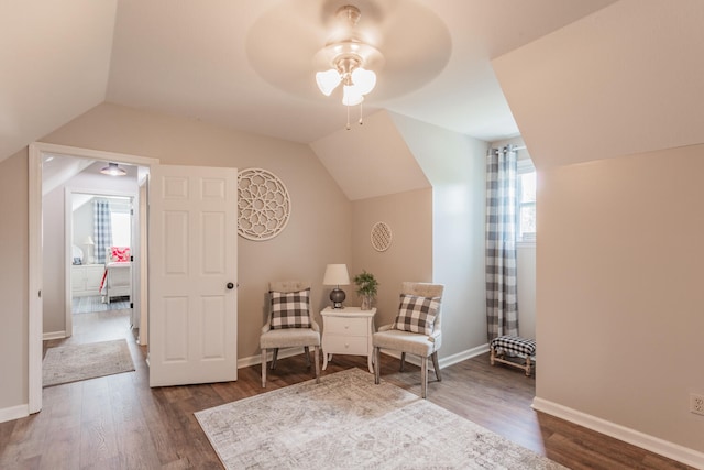 sitting room featuring lofted ceiling, ceiling fan, and hardwood / wood-style flooring