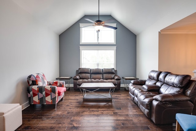 living room with lofted ceiling, ceiling fan, and dark hardwood / wood-style floors