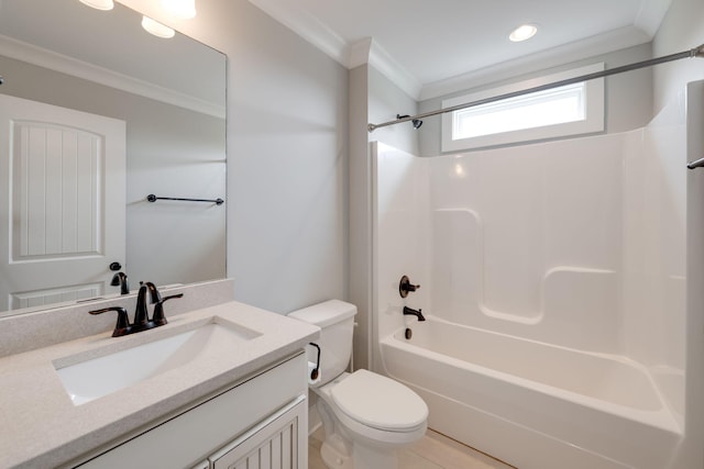 full bathroom with vanity, crown molding, toilet,  shower combination, and tile patterned floors