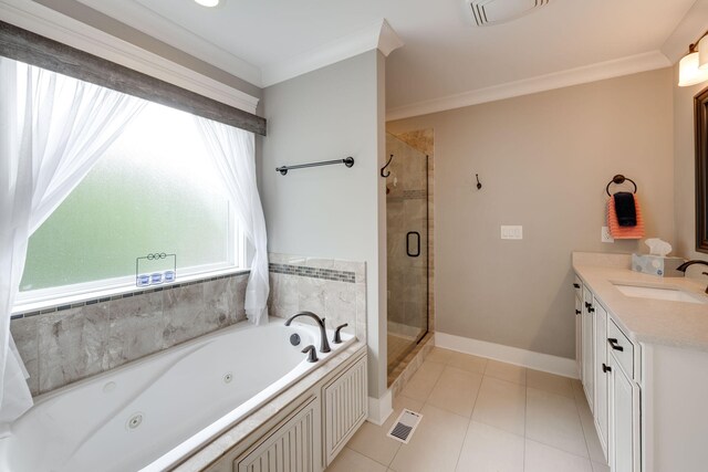 bathroom featuring tile patterned floors, independent shower and bath, crown molding, and vanity