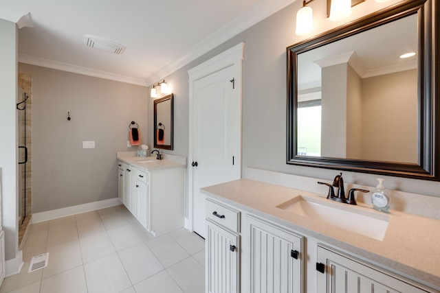 bathroom with crown molding, vanity, walk in shower, and tile patterned flooring