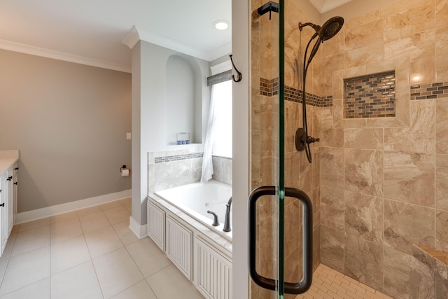 bathroom with tile patterned flooring, vanity, separate shower and tub, and ornamental molding