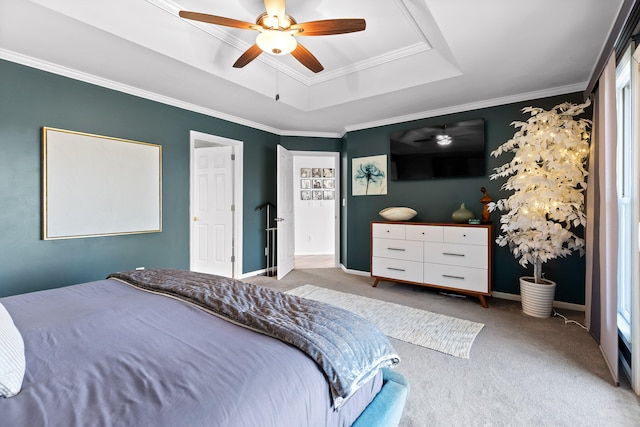 bedroom with crown molding, ceiling fan, light colored carpet, and multiple windows