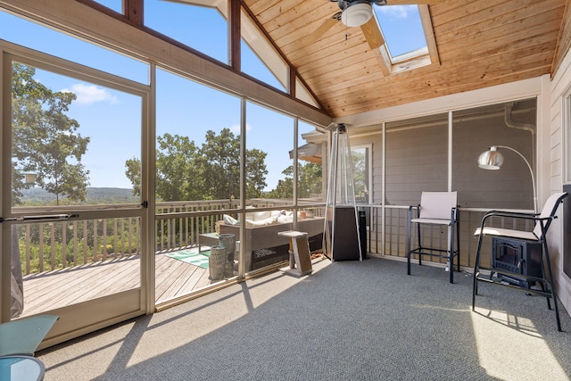 sunroom featuring ceiling fan, vaulted ceiling with skylight, and wooden ceiling