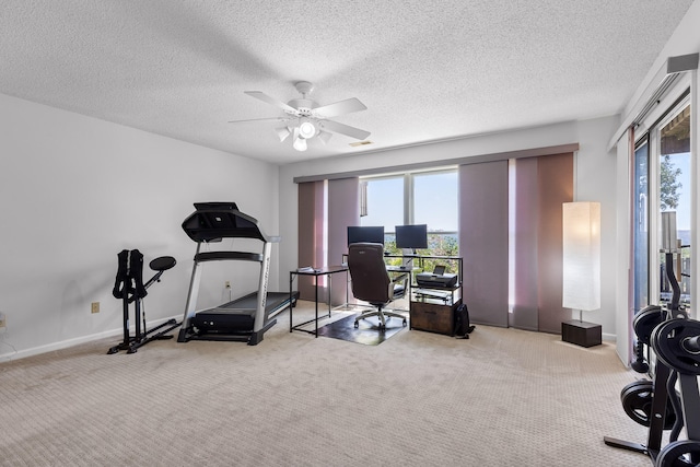 exercise area featuring ceiling fan, a wealth of natural light, a textured ceiling, and light colored carpet