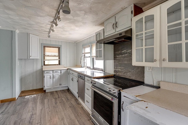 kitchen with appliances with stainless steel finishes, rail lighting, white cabinets, and light hardwood / wood-style floors