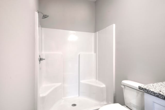 bathroom with vanity, toilet, and a shower