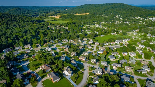 drone / aerial view featuring a mountain view