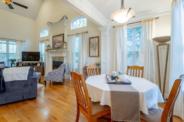 dining room with crown molding, light hardwood / wood-style flooring, ceiling fan, and high vaulted ceiling