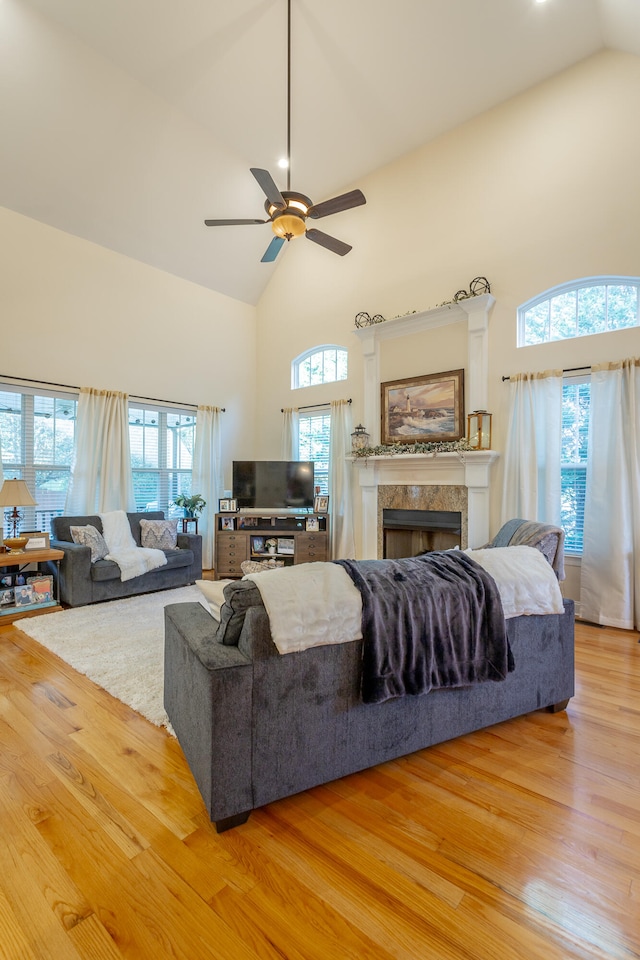 living room featuring plenty of natural light, ceiling fan, and wood-type flooring