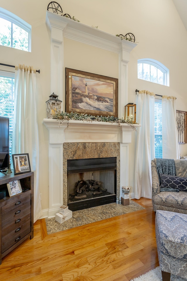 living room with a premium fireplace, a healthy amount of sunlight, hardwood / wood-style floors, and high vaulted ceiling