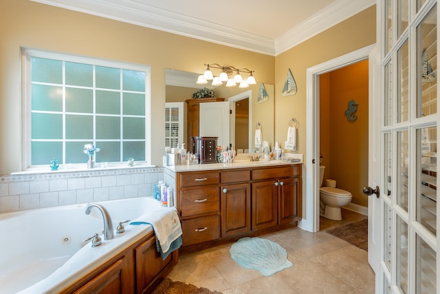 bathroom featuring a tub, vanity, tile patterned flooring, toilet, and ornamental molding