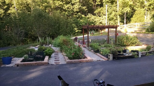 view of property's community featuring a wooded view, fence, and a vegetable garden