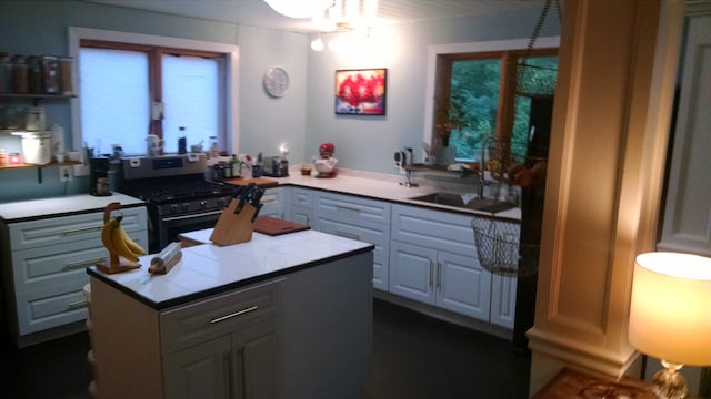 kitchen with stainless steel range with gas stovetop, a center island, sink, and gray cabinetry