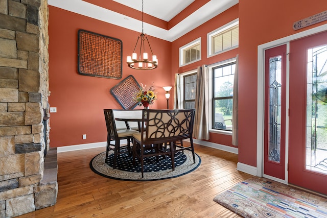 dining space with a chandelier, a tray ceiling, plenty of natural light, and hardwood / wood-style floors