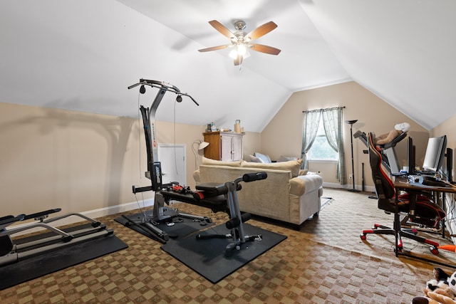 exercise room with lofted ceiling, light carpet, and ceiling fan