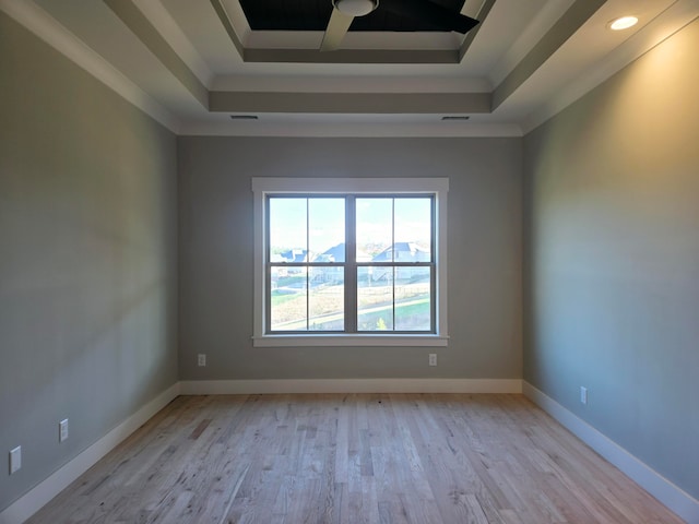 empty room featuring ornamental molding, light wood-type flooring, and a raised ceiling