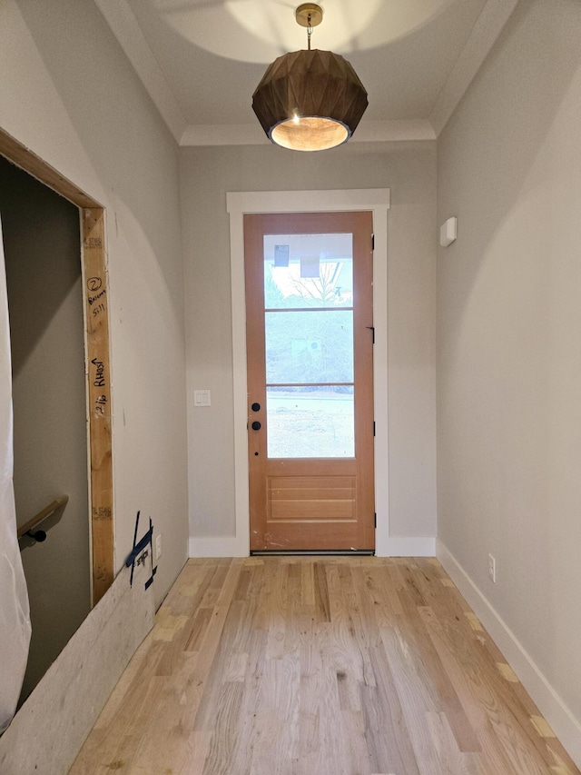 doorway to outside with crown molding and light wood-type flooring