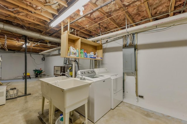 laundry area with a sink, laundry area, electric panel, and washer and clothes dryer