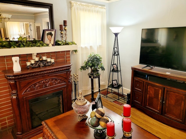 interior space featuring wood-type flooring and crown molding