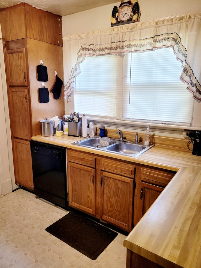 kitchen featuring dishwasher, sink, and wood counters