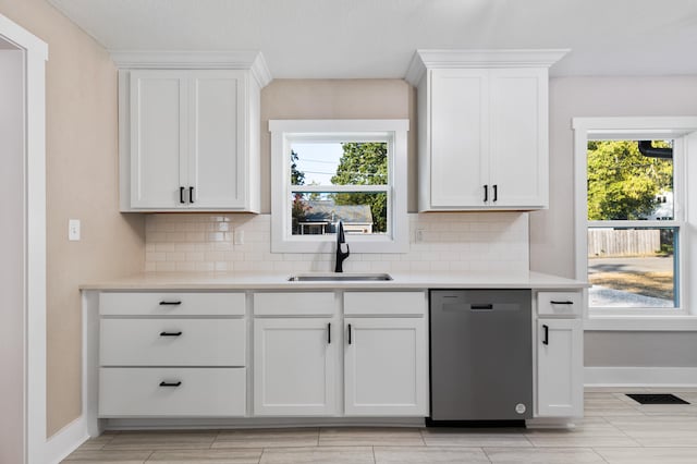 kitchen with dishwasher, sink, and white cabinets