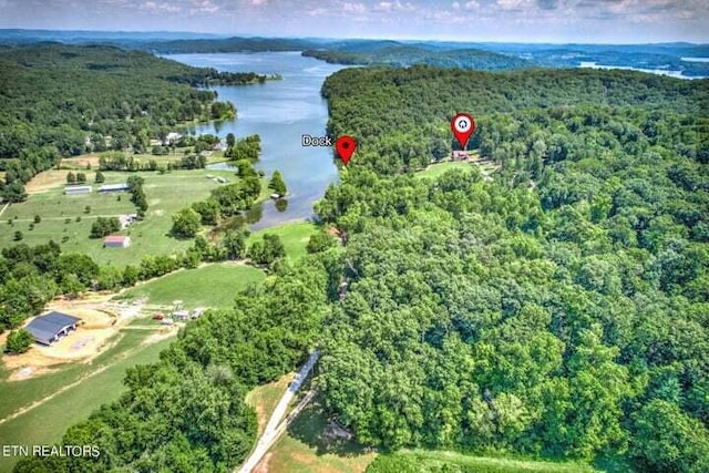 drone / aerial view with a forest view and a water view