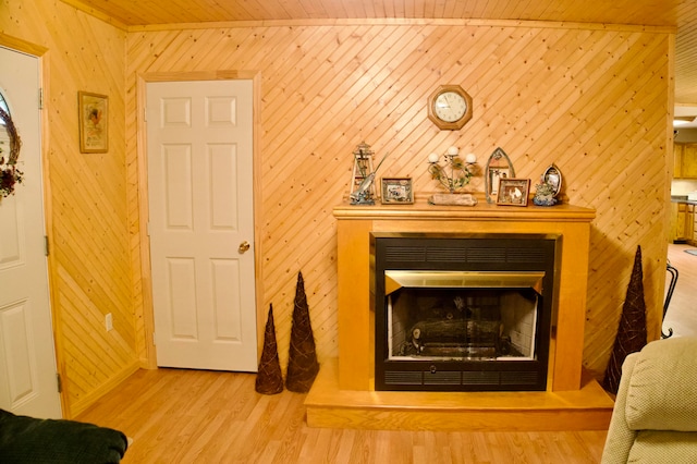 living room with wooden walls and light hardwood / wood-style floors