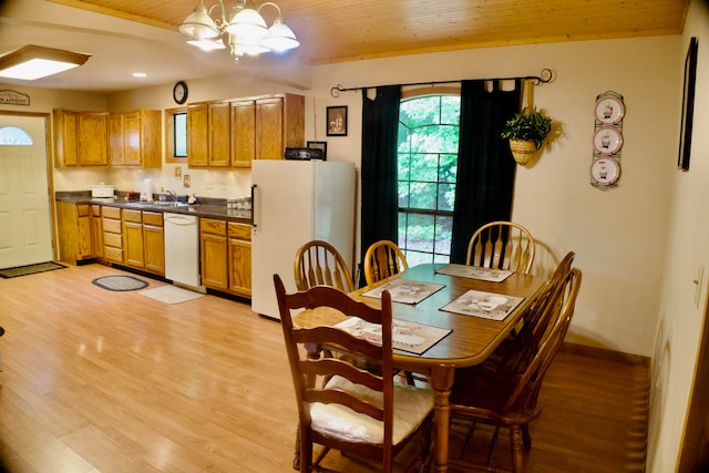 dining space featuring wood ceiling, a chandelier, sink, and light hardwood / wood-style floors