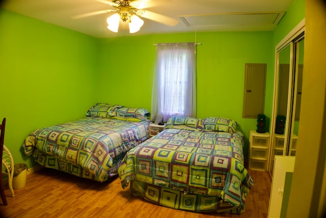 bedroom featuring wood-type flooring, ceiling fan, and a closet