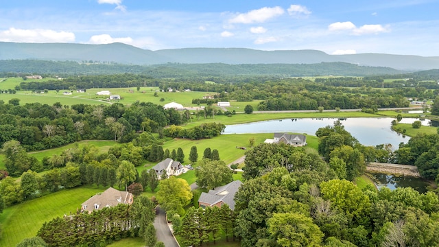 drone / aerial view with a water and mountain view