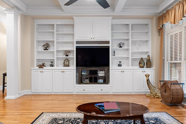 living room with coffered ceiling, ceiling fan, and light hardwood / wood-style flooring