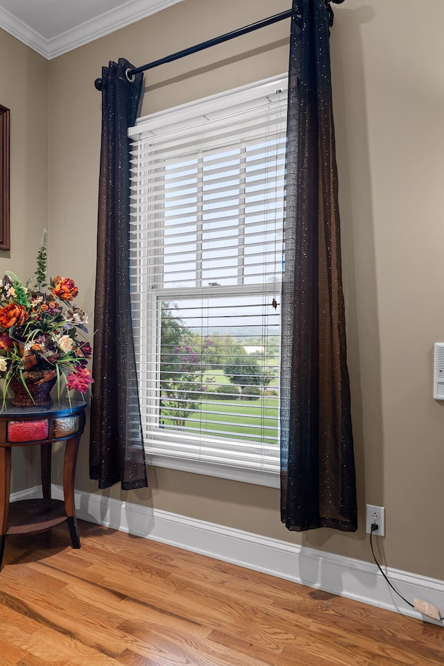 details with hardwood / wood-style flooring and crown molding