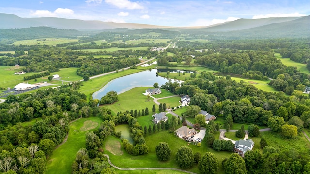 bird's eye view featuring a water and mountain view