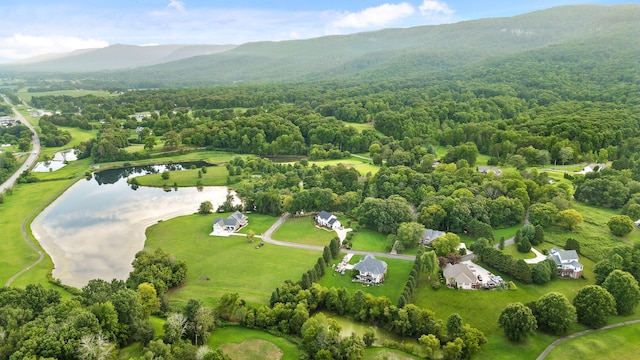 birds eye view of property with a water and mountain view