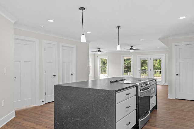 kitchen featuring electric range, dark hardwood / wood-style flooring, and ornamental molding